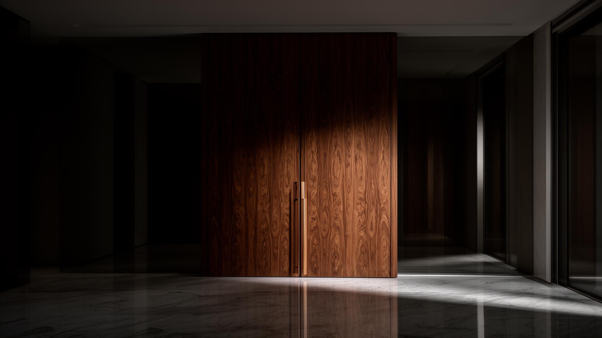 Porta pivotante de madeira nobre em mansão contemporânea