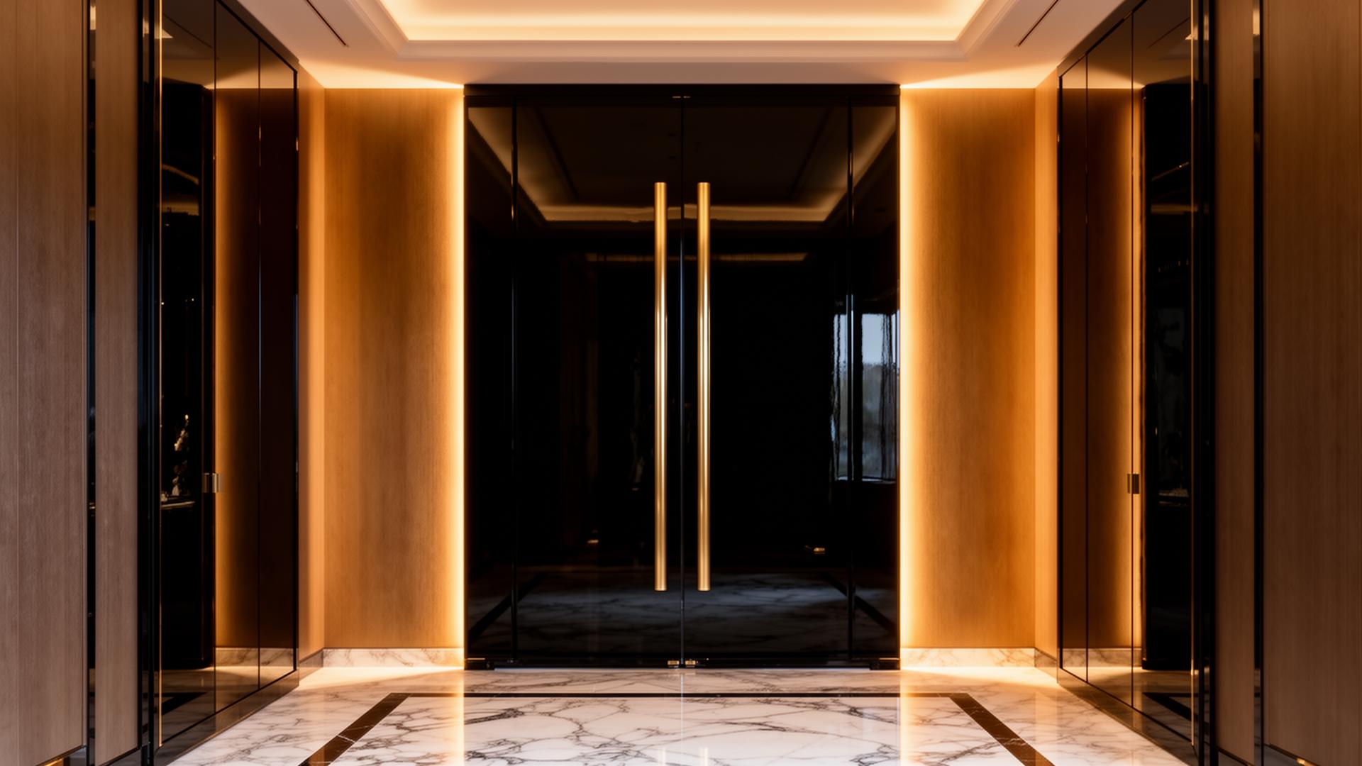 Porta pivotante de madeira nobre em mansão contemporânea