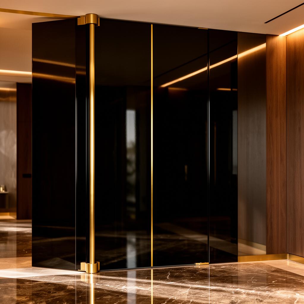 Porta pivotante laqueada de alto padrão com detalhes em dourado